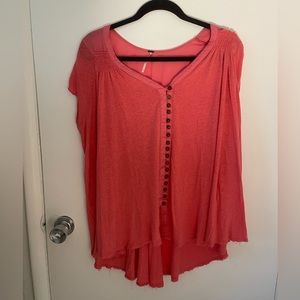 FREE PEOPLE Highland Button Front Tee M Linen Blend Slub Knit Swing A-Line Top